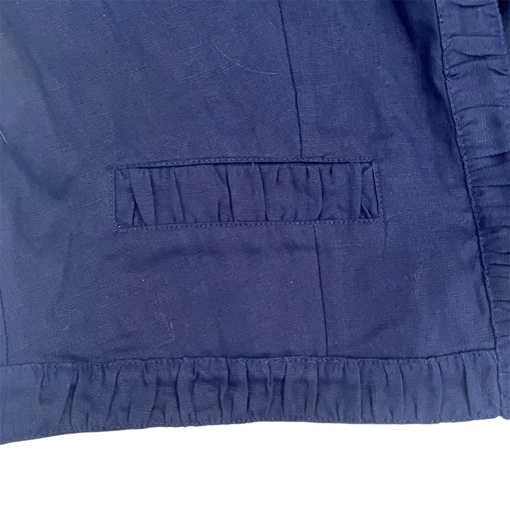 Chicos 100% Linen Ruffled Jacket Navy Blue Snap Front Feminine Natural Fiber - Picture 5 of 7